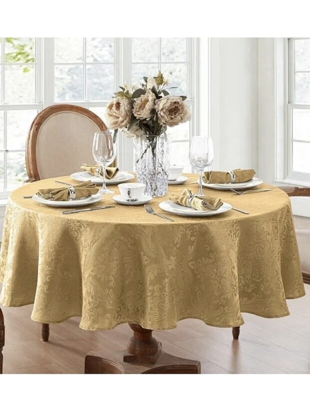 NEW Caiden Round Gold Tablecloth 90” Beautiful Paisley Pattern